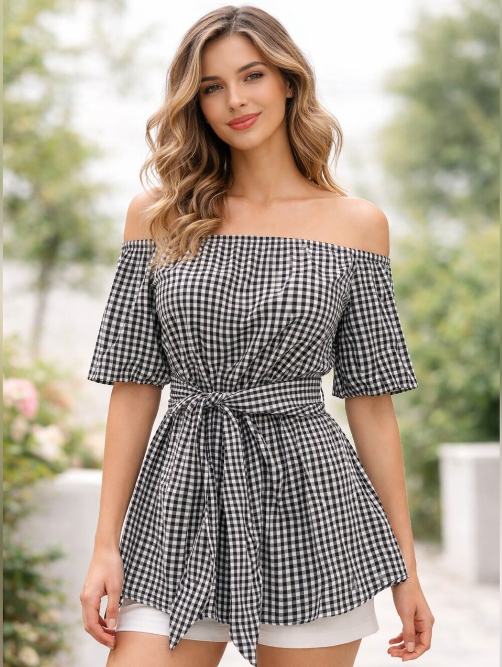 Forever 21 Off-Shoulder Black & White Gingham Tie-Waist Top, Size Medium